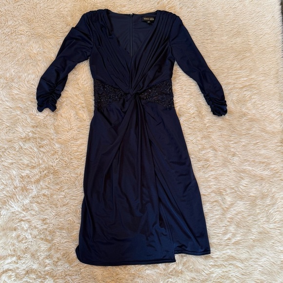 Tadashi Shoji Navy Blue Twist Front Beaded Lace Panel Dress - Size XS - Picture 2 of 7